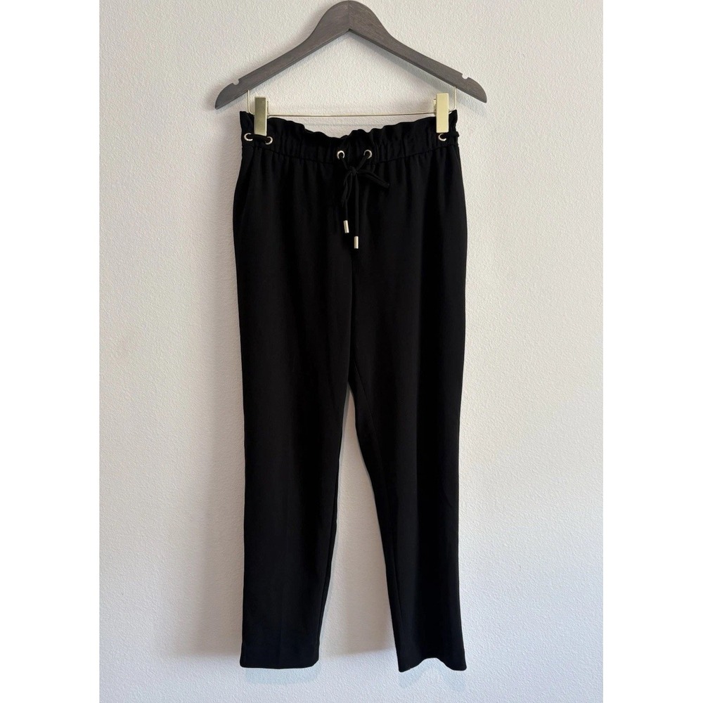 Anne Klein Womens Small Black Trouser W/ Tie Front Gold Logo Paperbag Waist Pant